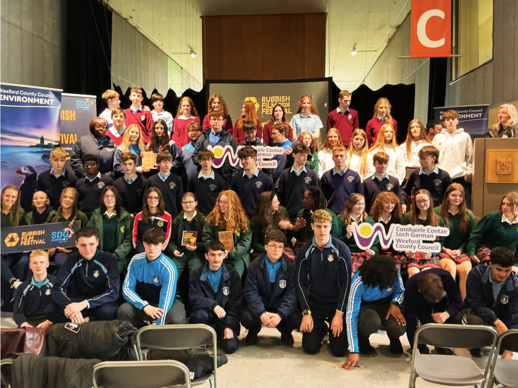 Group picture of students from Wexford schools who participated in the Rubbish Film Festival